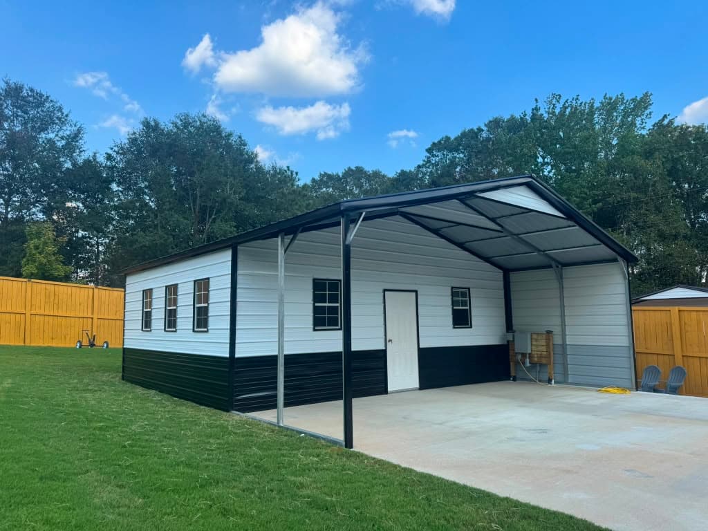 Open white-and-black metal carport with a gable roof — interactive diagram of building components