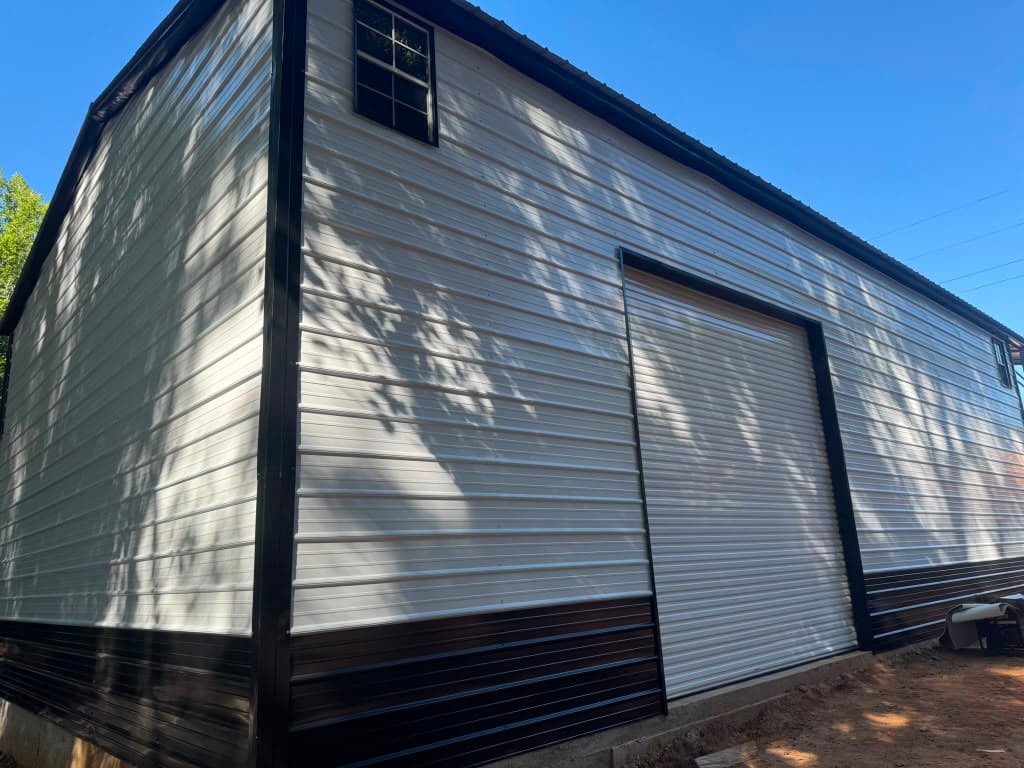 Close view of a Frontier steel building frame and color-coated panels